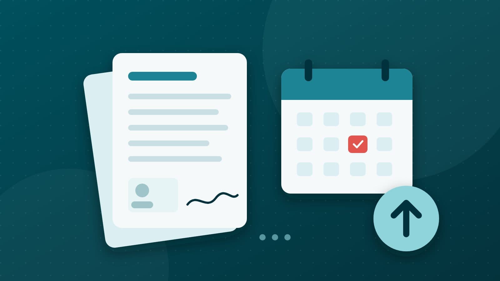 Ilustração de documentos assinados, calendário com data marcada e seta de envio, representando a admissão de funcionários e o envio ao eSocial